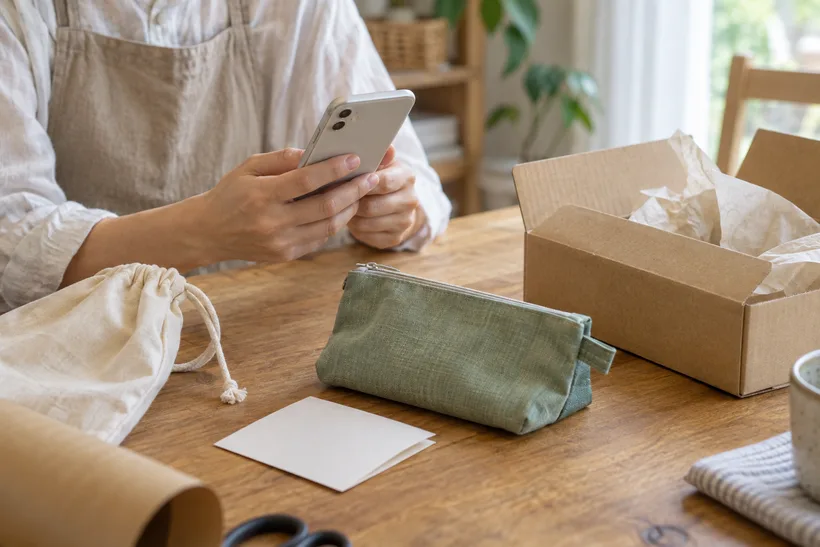 ポーチと巾着、開いた箱のそばで、店主の手元がスマートフォンを確認している架空の布小物店の場面。画面内容は見せず、梱包前に注文を確かめる様子を表している。